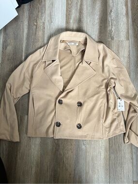 Dex Beige Double-Breasted Cropped Pea Coat
